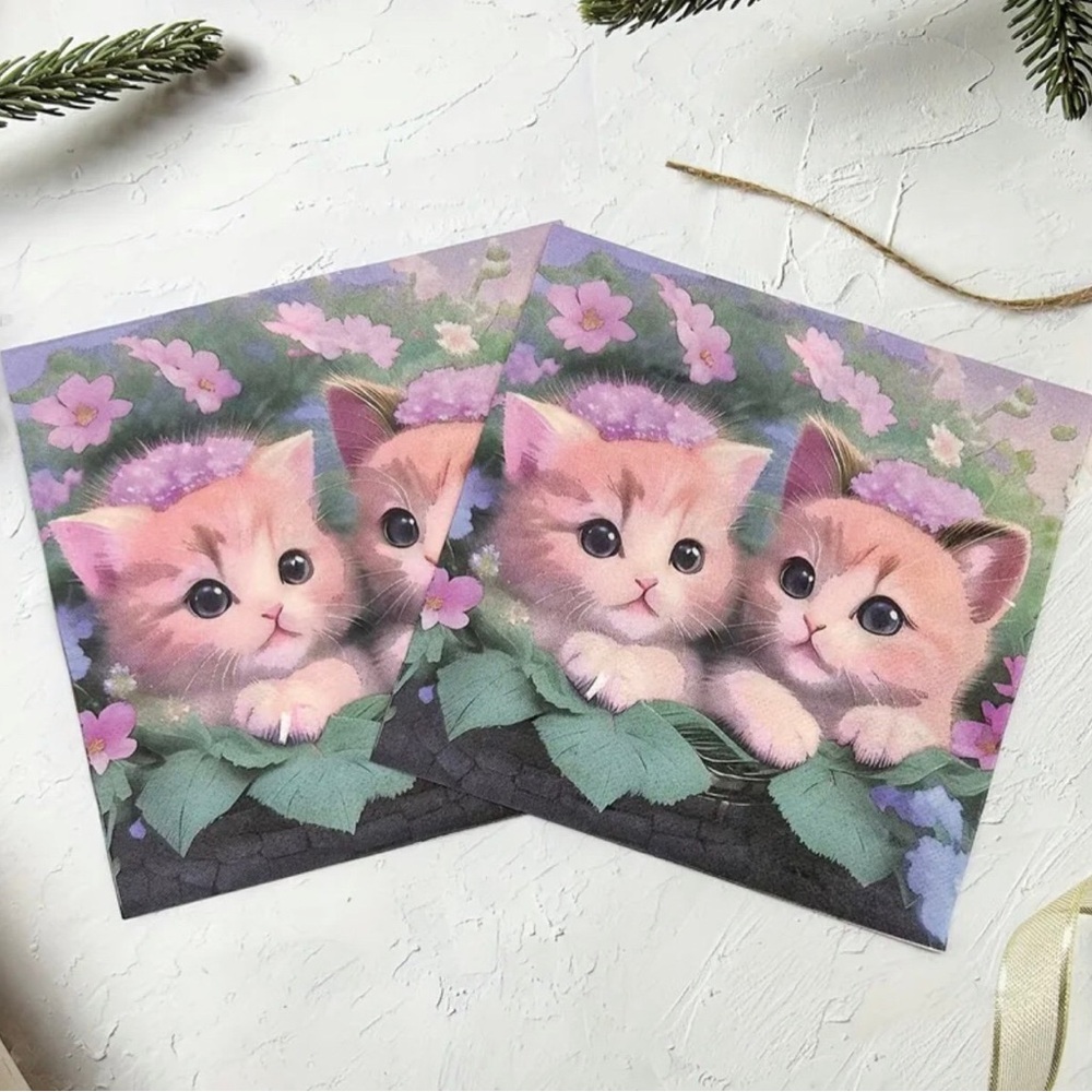 Two (2) Individual Sweet Kittens in Basket Foliage Paper Decoupage Napkins